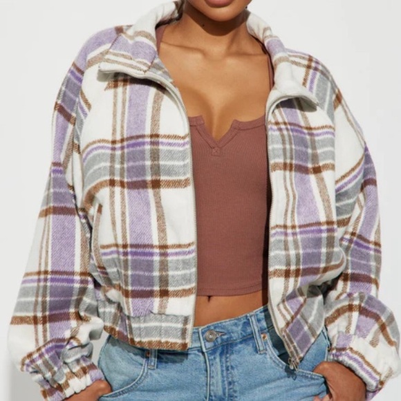 Small Plaid Women's Cropped Shacket Jacket in Purple and White - Picture 2 of 5